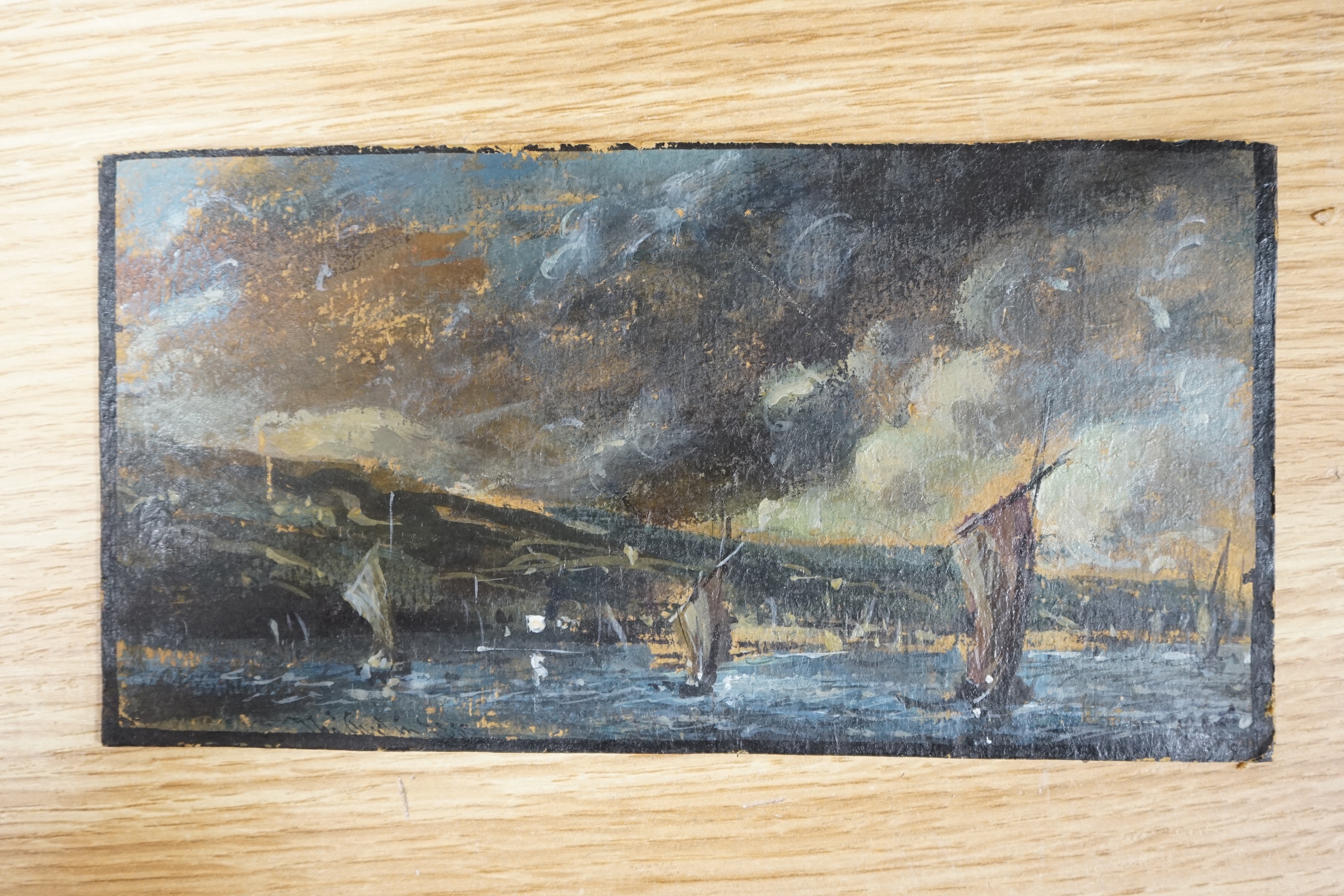 English School, oil on card, Head study, fishing boats off the coast verso, 20 x 10.5cm, unframed. Condition - fair